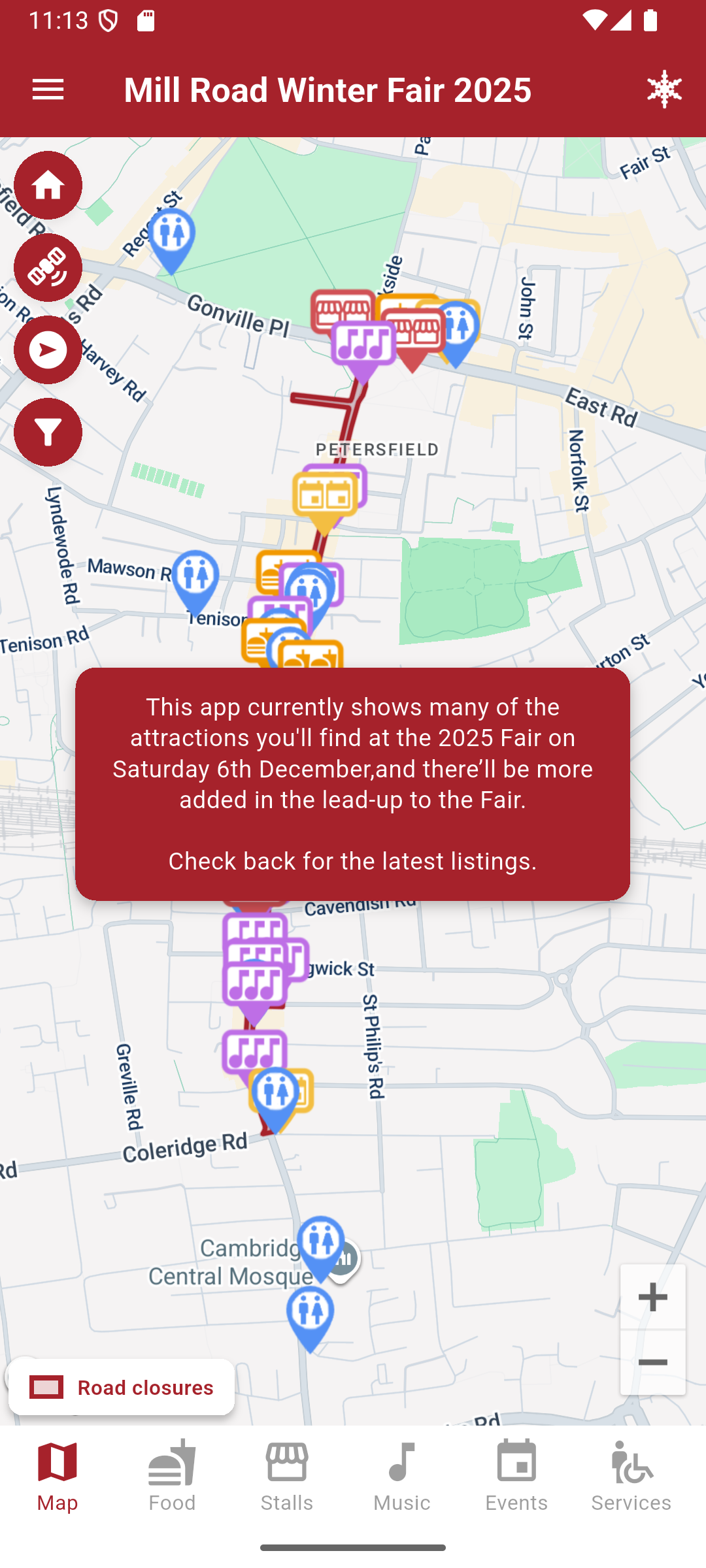 The main map page of the Mill Road Winter Fair app