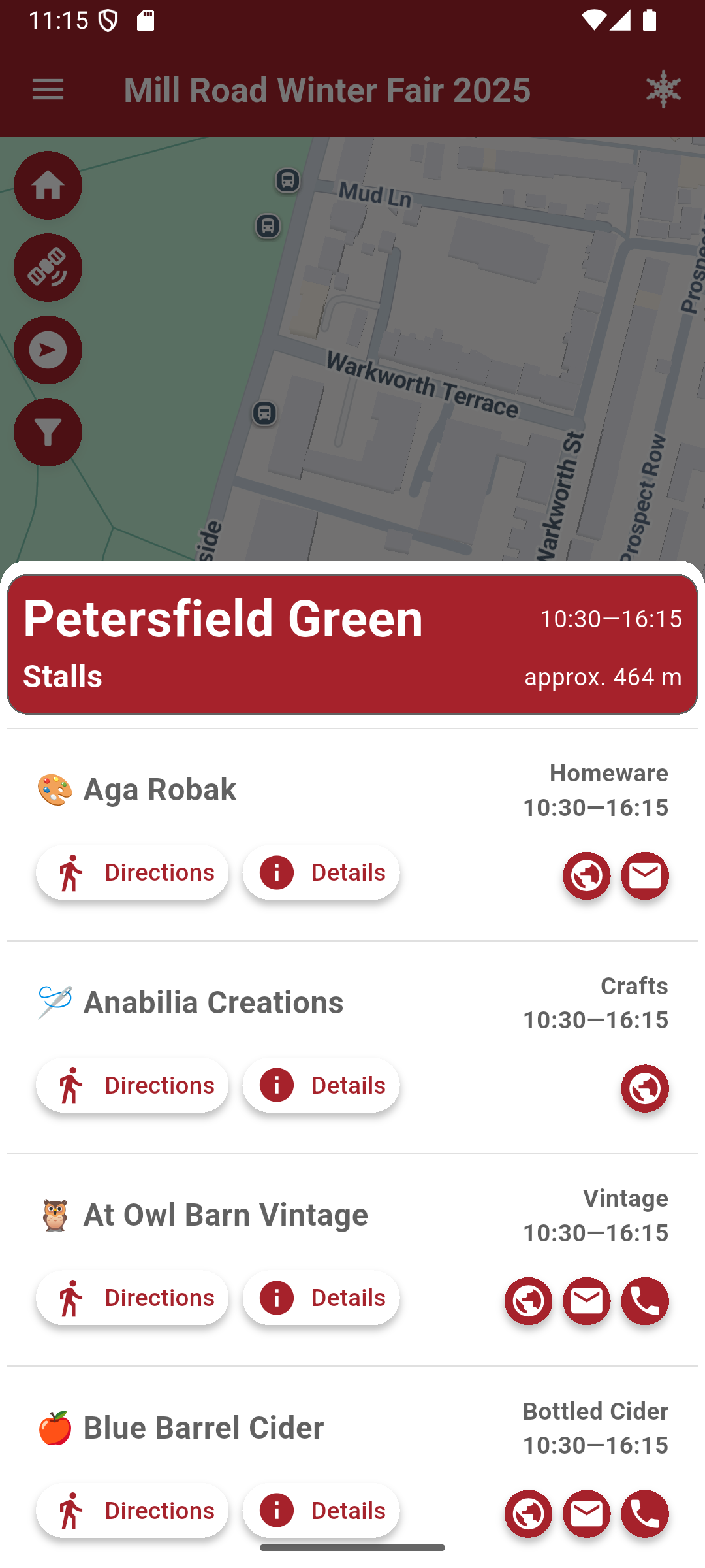 The filtering menu of the Mill Road Winter Fair app