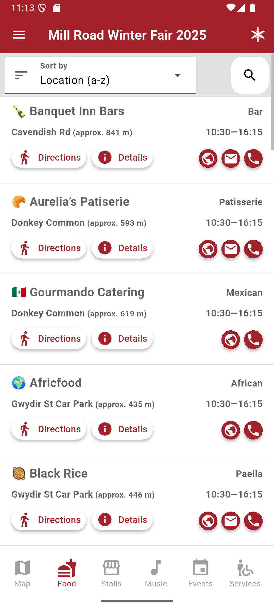 The food listings in the Mill Road Winter Fair app