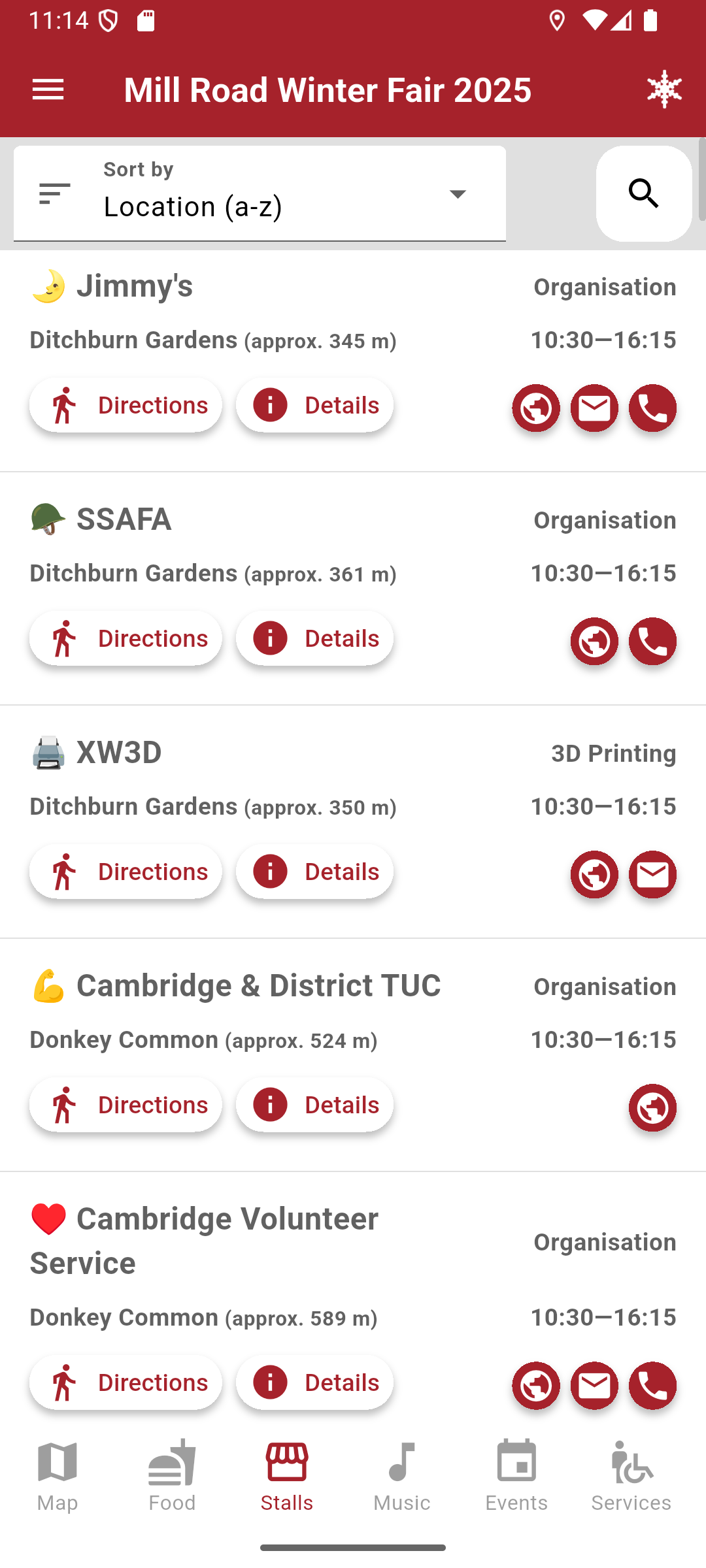 The stalls listings in the Mill Road Winter Fair app
