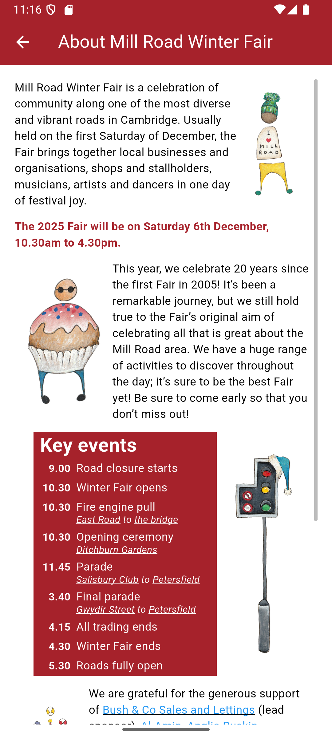 The event listings in the Mill Road Winter Fair app