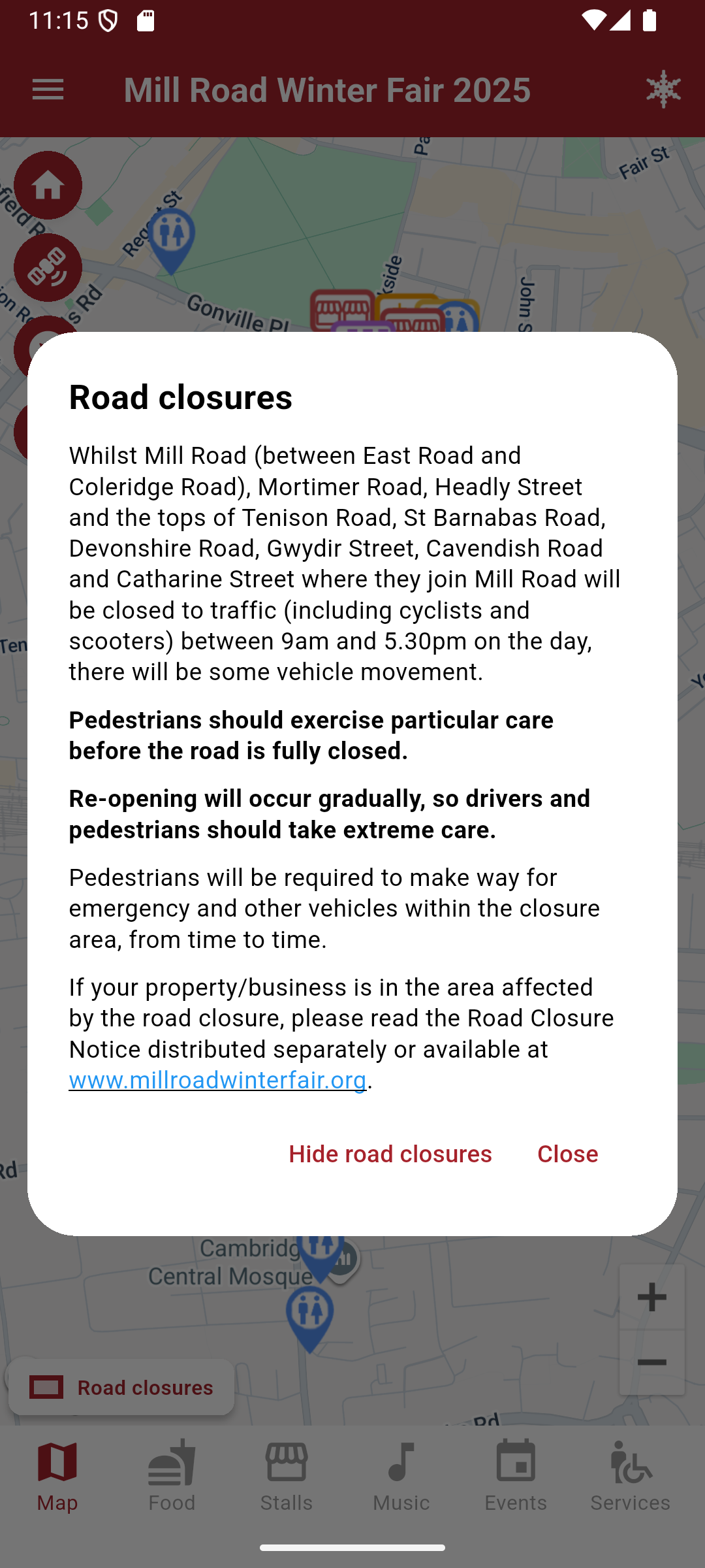 The service listings in the Mill Road Winter Fair app